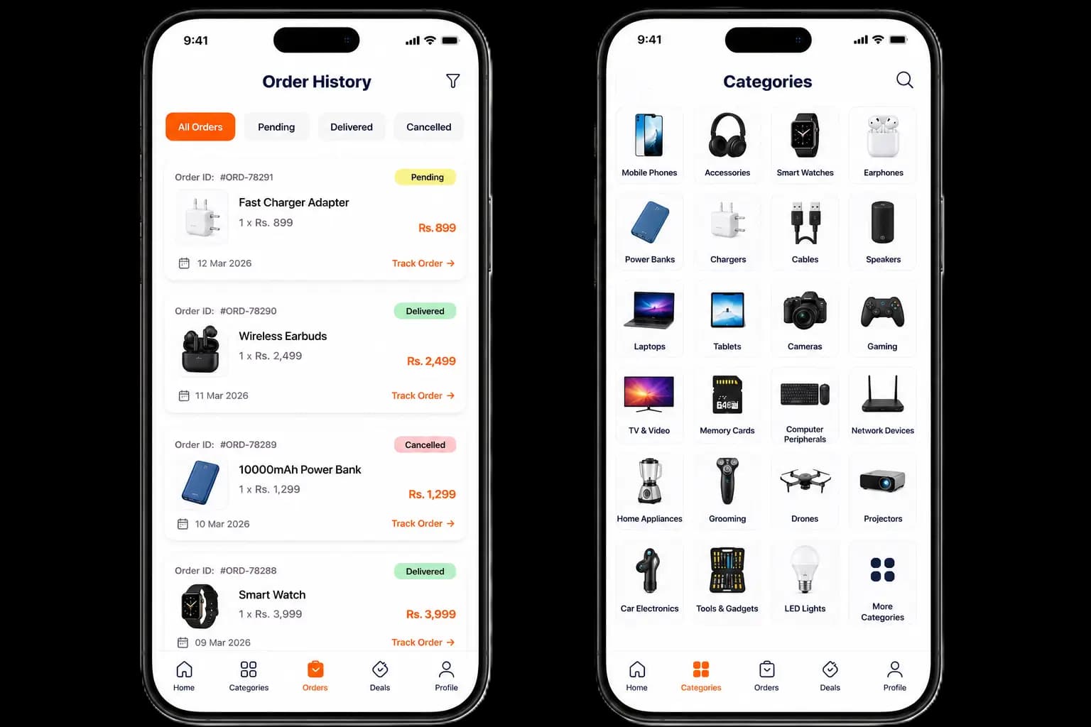 Samaan app screens — order history and categories